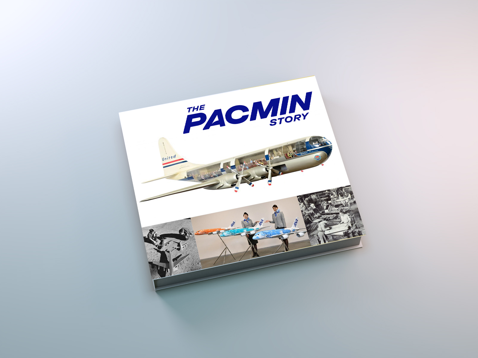 The Pacmin Story book cover featuring a detailed illustration of a vintage four-engine propeller airplane in cutaway view, with United Airlines branding